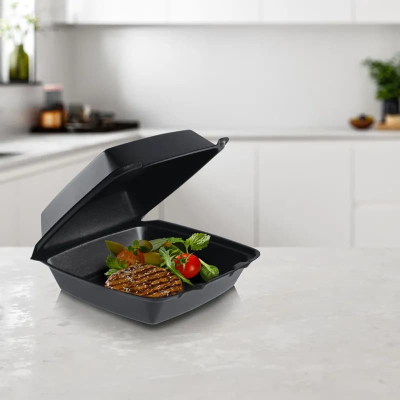 Dart® Take-Out Container Hinged 8.36X7.96X3.2 IN XPS Black Insulated Convertible 100 Count/Pack 2 Packs/Case
