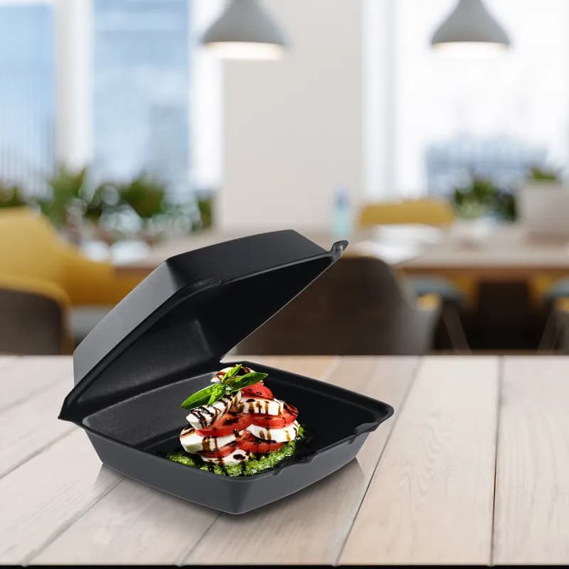 Dart® Take-Out Container Hinged 8.36X7.96X3.2 IN XPS Black Insulated Convertible 100 Count/Pack 2 Packs/Case