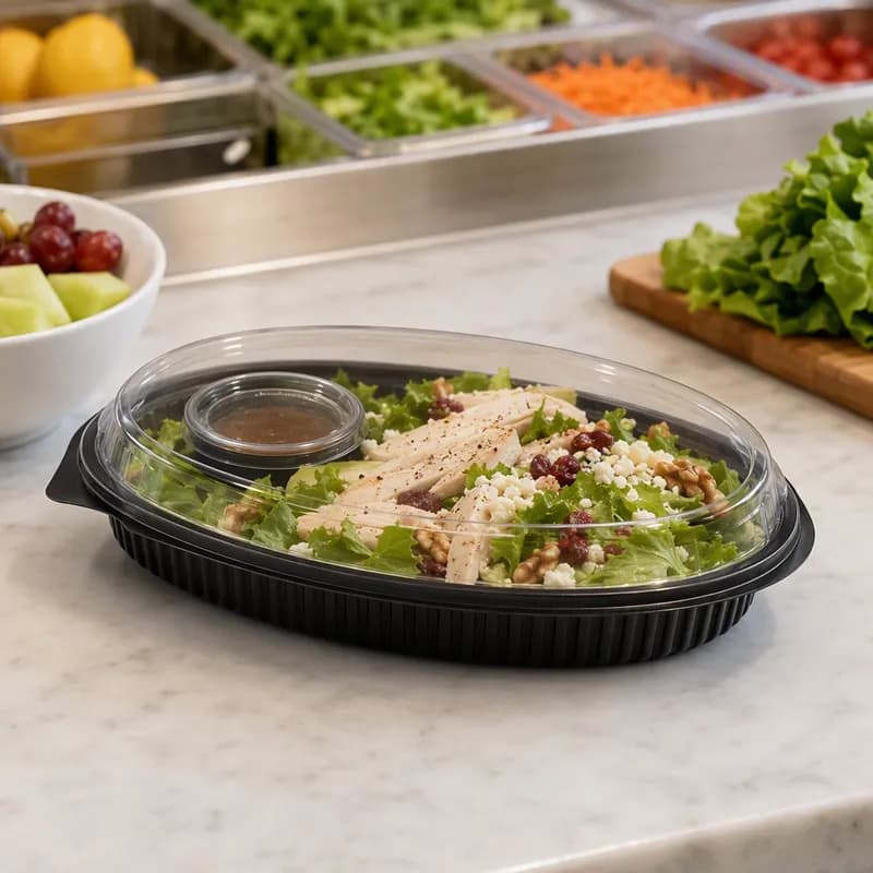 Serving Tray Base 25 OZ PP Black Oval With Cup Locator Microwave Safe Leak Resistant 250/Case