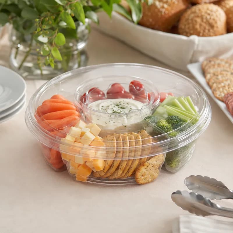 RediServ PartyPak Deli Container Base & Lid Combo With Dome Lid 12X3.5 IN 6 Compartment PET Clear Round 50/Case