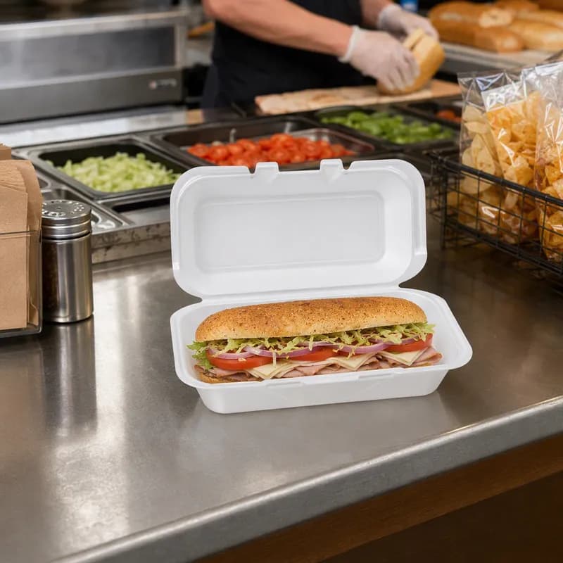 Hoagie & Sub Take-Out Container Hinged With Dome Lid 5.12X10.25X3.25 IN Polystyrene Foam White Rectangle 500/Case