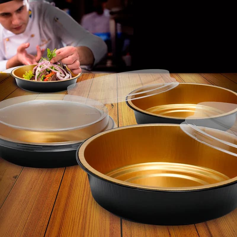 Handi-Max Take-Out Container Base & Lid Combo With Dome Lid 24 OZ Aluminum Plastic Black Gold Clear Round 50/Case