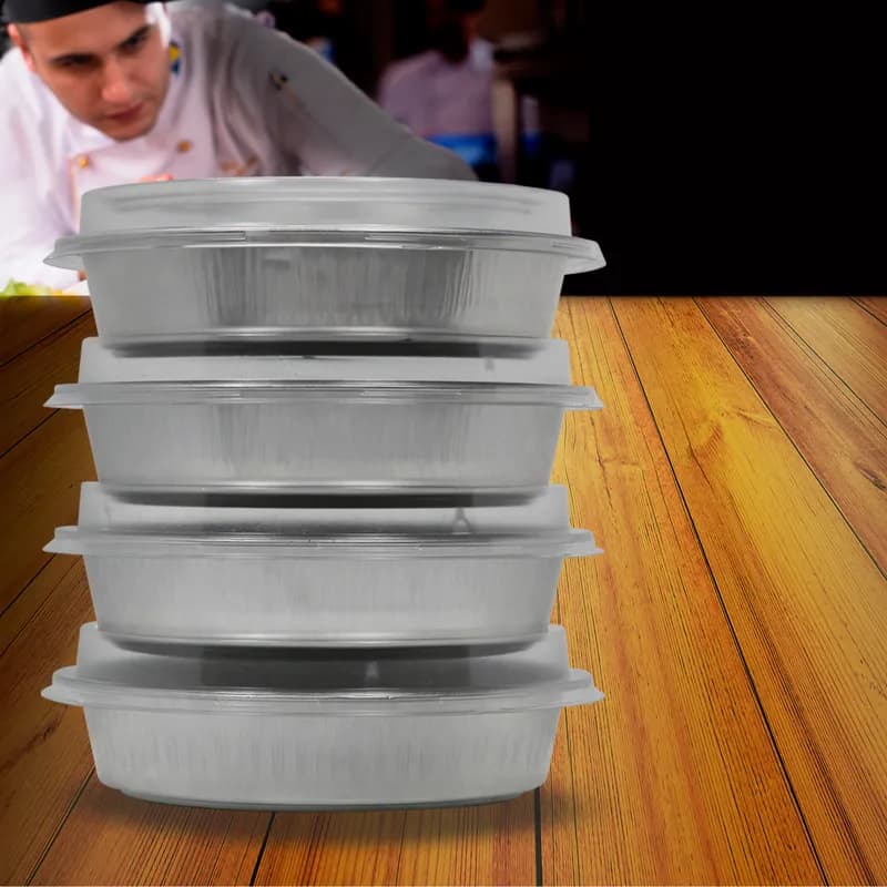Handi-Max Take-Out Container Base & Lid Combo With Dome Lid 7 IN Aluminum Plastic Silver Clear Round 50/Case