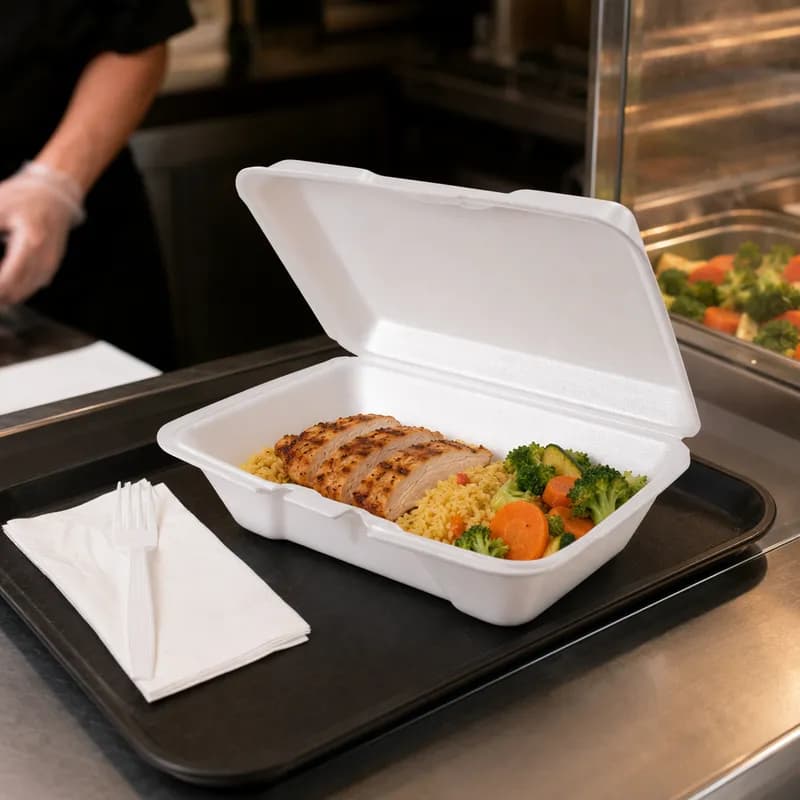 Take-Out Container Hinged 9.19X6.5X2.875 IN Polystyrene Foam White Not Vented 200/Case