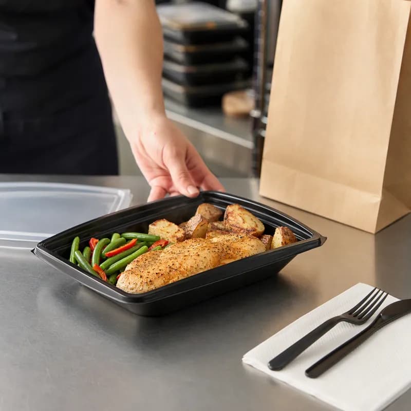 The BOTTLEBOX ® Take-Out Container Base 9X7.2X1.7 IN PP Black Rectangle 500/Case