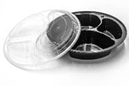 Take-Out Container Base & Lid Combo With Dome Lid 39 OZ 3 Compartment Plastic Black Clear Round 150/Case