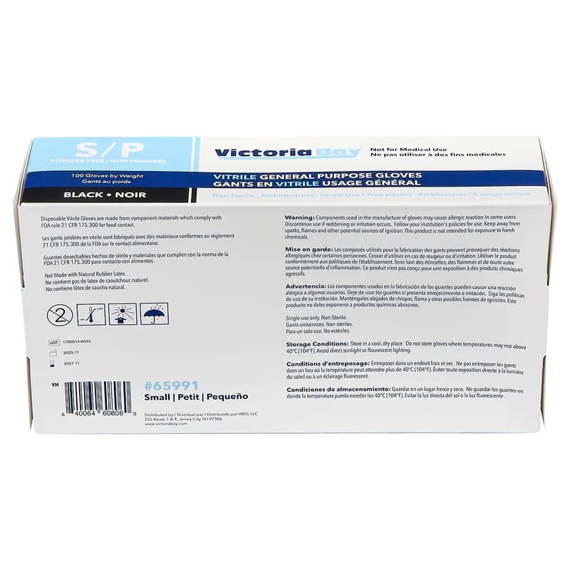 Victoria Bay General Purpose Gloves Small (SM) Black 2.5MIL Vitrile Disposable Powder-Free 100 Count/Pack 10 Packs/Case