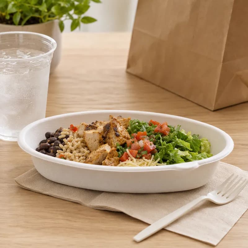 WorldView Take-Out Container Base 10X7X2 IN Sugarcane White Oval 300/Case