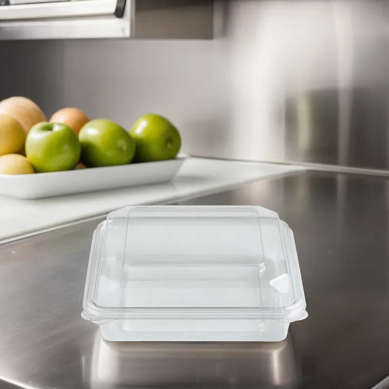 Crystal Seal® Dimensions® Deli Container Hinged With Dome Lid 38 OZ PET Clear Square 200/Case