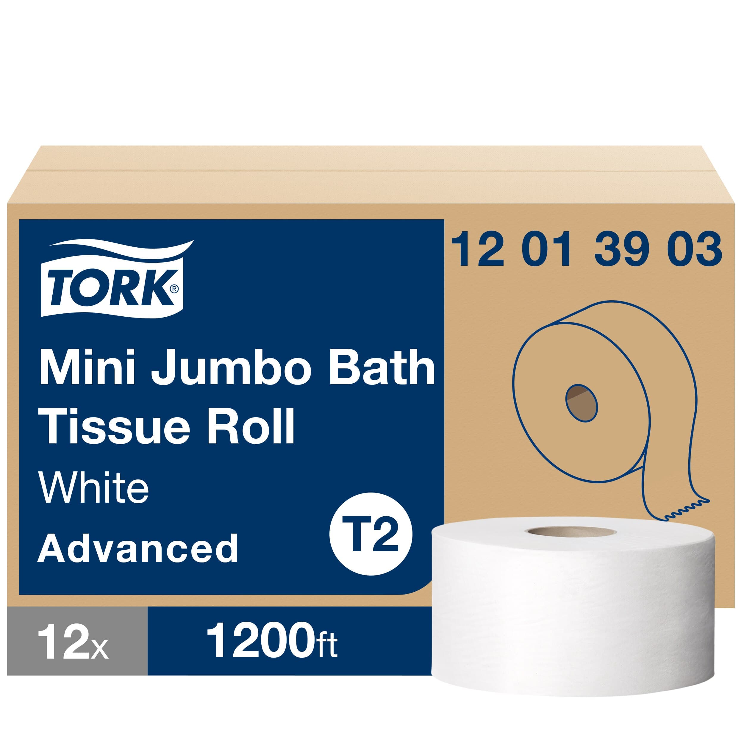 Tork Toilet Paper & Tissue Roll T2 3.48IN X1200FT 1PLY White Jumbo (JRT) High Capacity Refill 12 Rolls/Case