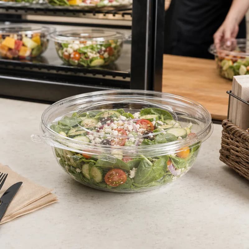 Safe-T-Fresh® Deli Container Hinged With Dome Lid 64 OZ RPET Clear Round Shallow 100/Case
