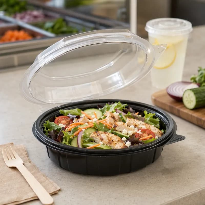 Cold Take-Out Container Hinged With Dome Lid 7.5 IN Plastic Black Clear Round Shallow 100/Case