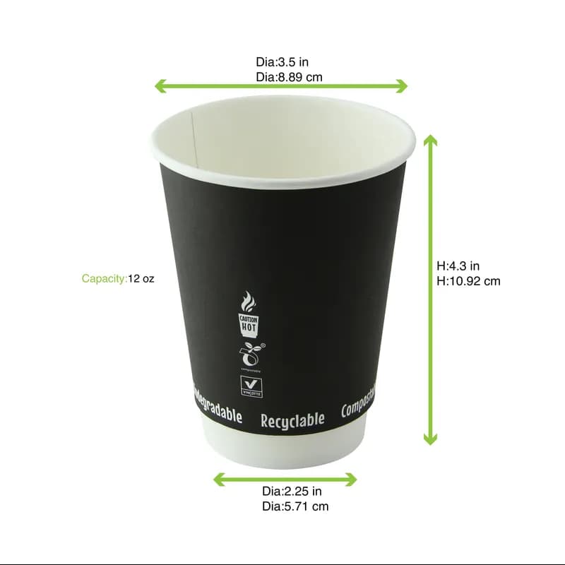 Cup Insulated 12 OZ Double Wall Poly-Coated Paper Black Freezer Safe 25 Count/Pack 20 Packs/Case 500 Count/Case
