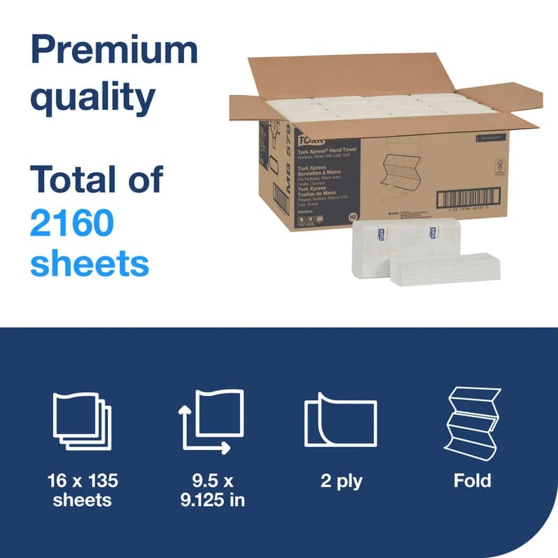 Tork Xpress Folded Paper Towel H2 9.5X9.125 IN 9.125X3.2 IN White Multifold Z Refill 135 Sheets/Pack 16 Packs/Case