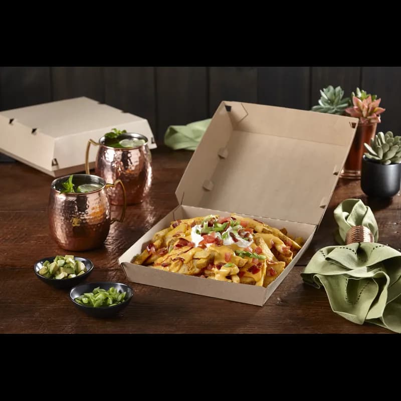 Take-Out Box Hinged With Dome Lid 8X8X3 IN Corrugated Paperboard Kraft Square Fluted 100/Case
