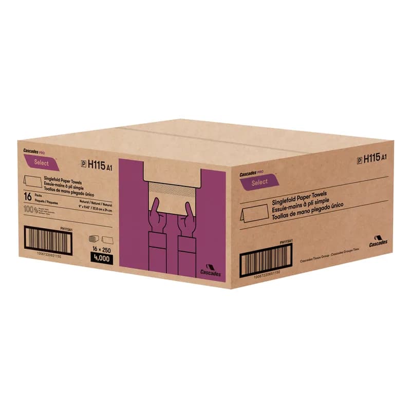 Cascades PRO Folded Paper Towel 9X9.45 IN Kraft Single Fold 250 Sheets/Pack 16 Packs/Case 4000 Sheets/Case