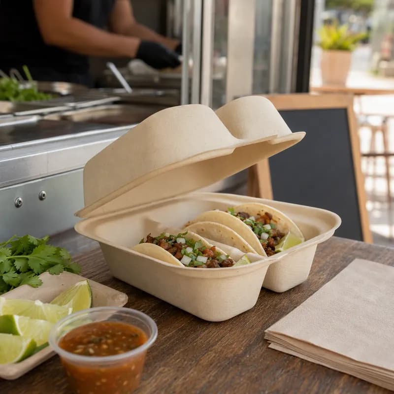 Taco Take-Out Tray Hinged With Dome Lid 7.25X5.86X3.38 IN 2 Compartment Pulp Fiber Kraft Rectangle 300/Case
