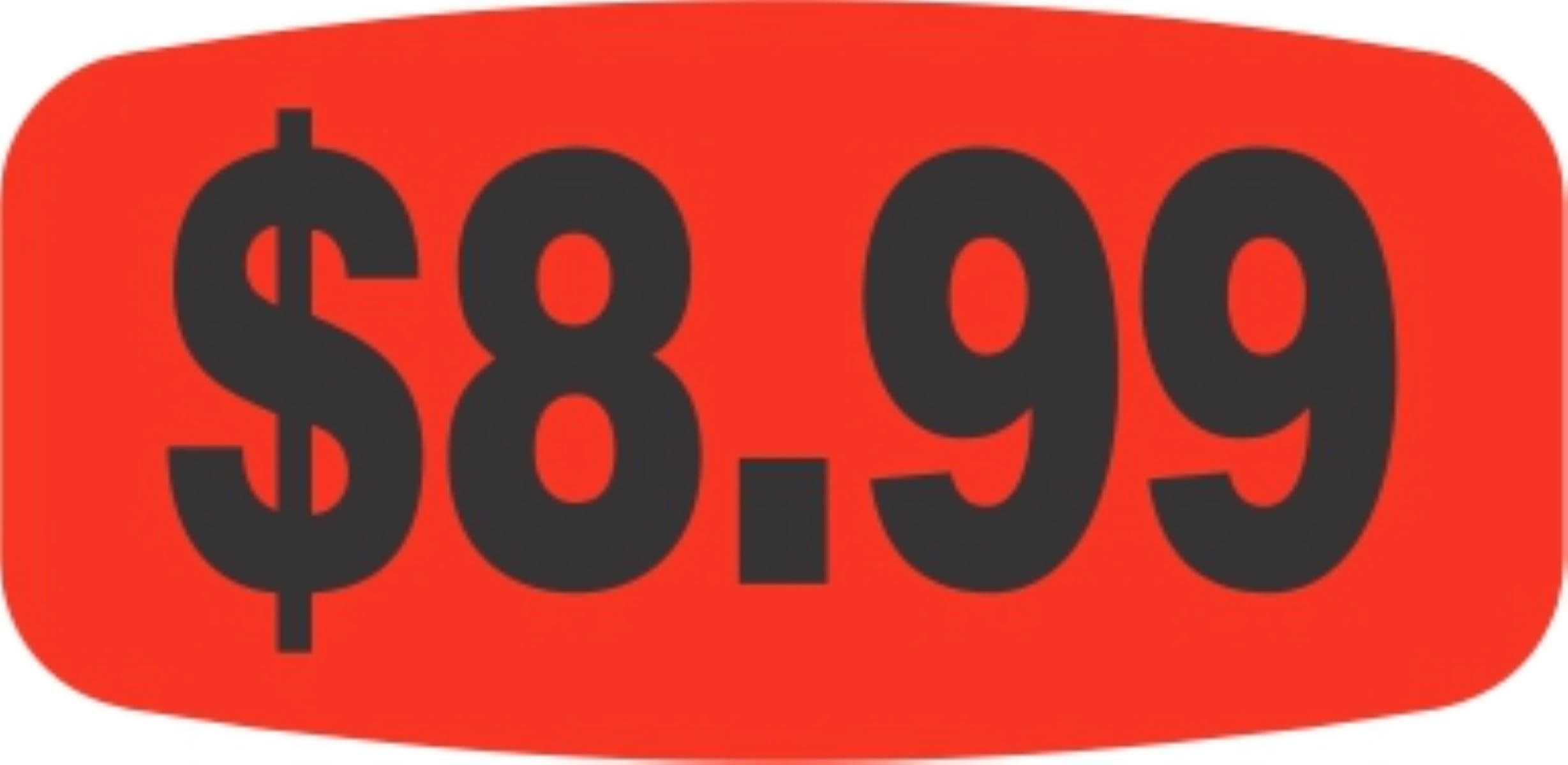 8.99 Price Label 0.625X1.25 IN Black Fluorescent Red Short Oval 1000 Count/Roll 50 Rolls/Case 50000 Count/Case