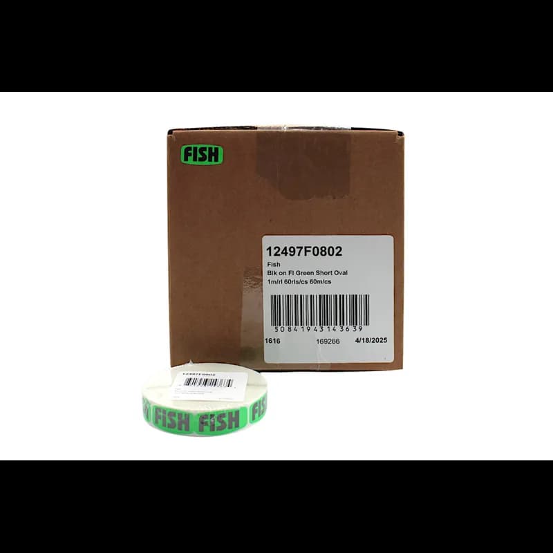 Fish Label 0.625X1.25 IN Black Fluorescent Green Short Oval 1000 Count/Roll 60 Rolls/Case 60000 Count/Case