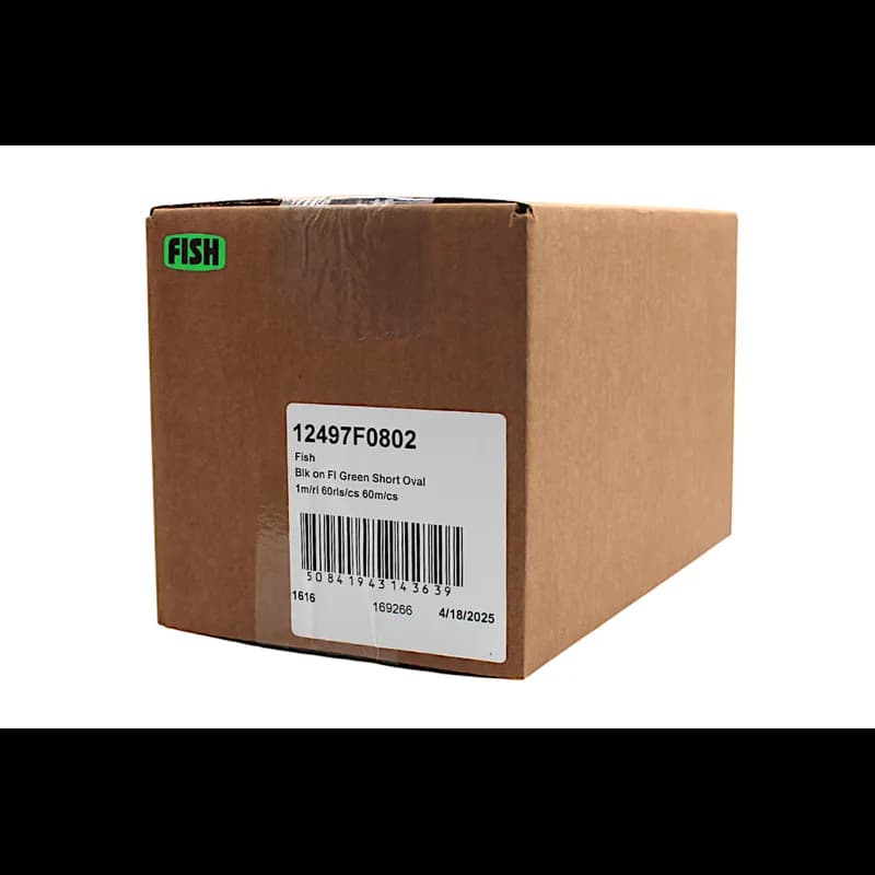 Fish Label 0.625X1.25 IN Black Fluorescent Green Short Oval 1000 Count/Roll 60 Rolls/Case 60000 Count/Case