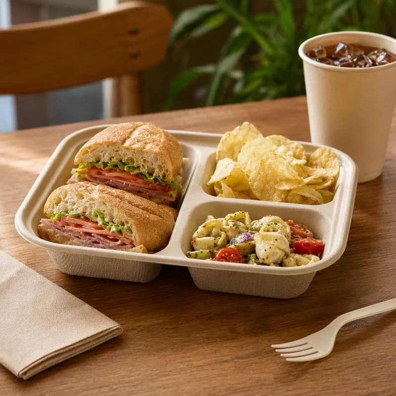 Take-Out Container Base 9.9X7.6X1.7 IN 3 Compartment Plant Fiber Bamboo Kraft Rectangle 400/Case