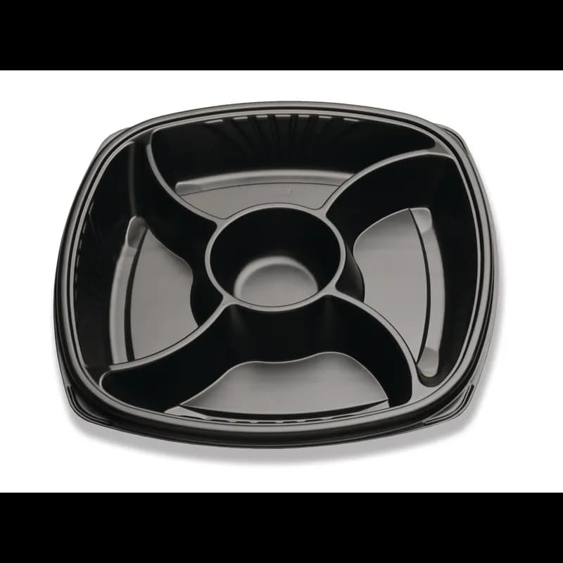 Forum® C-Fine Catering Tray Base 106 OZ 14X14 IN 4 Compartment PS Black Square Deep With Dip Cup 48/Case