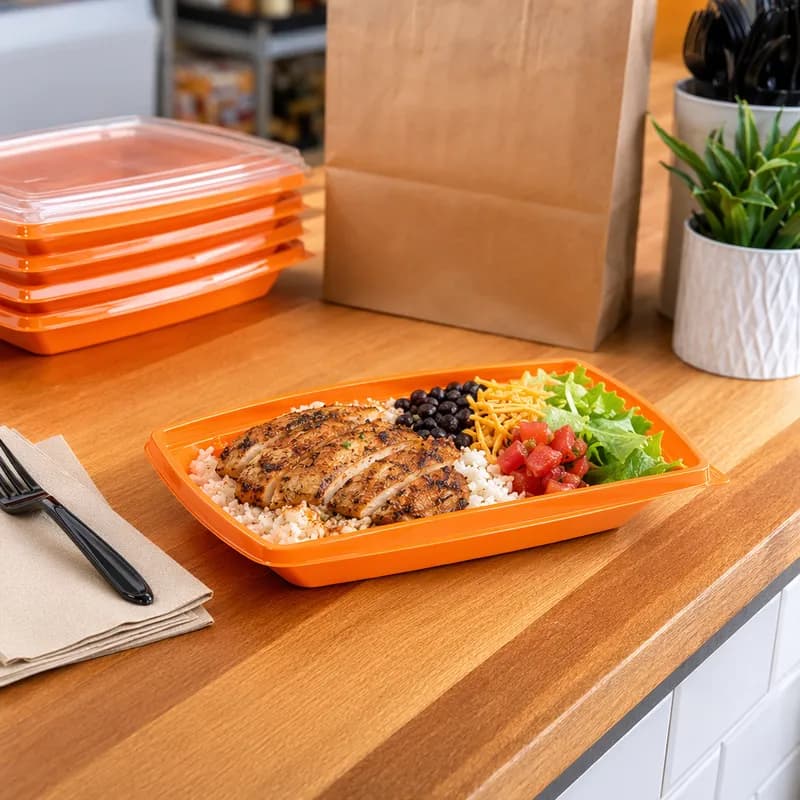 The BOTTLEBOX ® Take-Out Container Base 10.25X7.25X1.75 IN RPET Tangerine Rectangle 400/Case