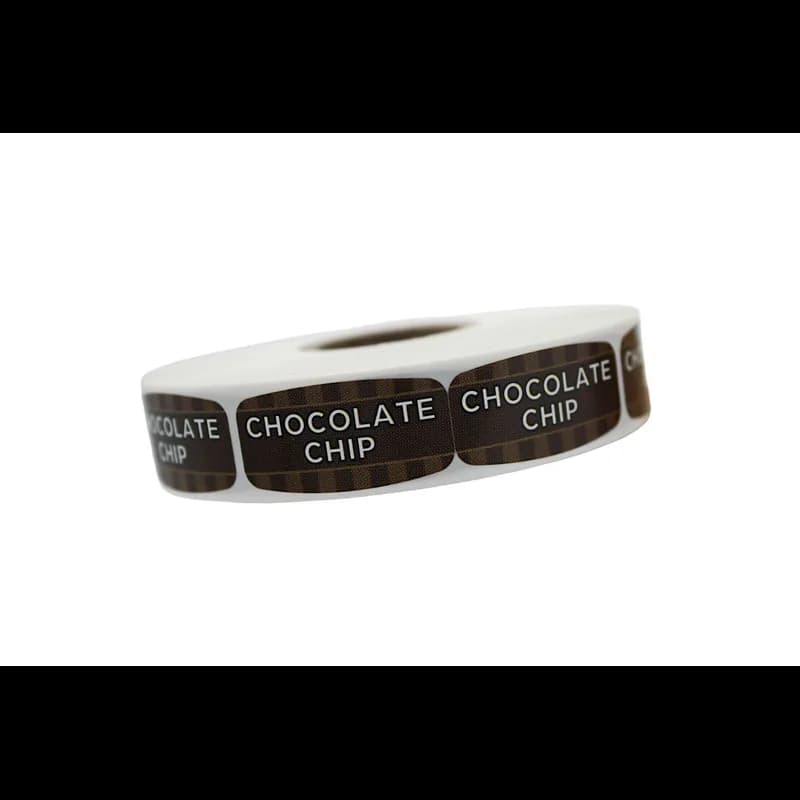 Chocolate Chip Bakery Flavor Label 0.625X1.25 IN Brown Oval 4 Color Process UV 1000 Count/Roll 50 Rolls/Case