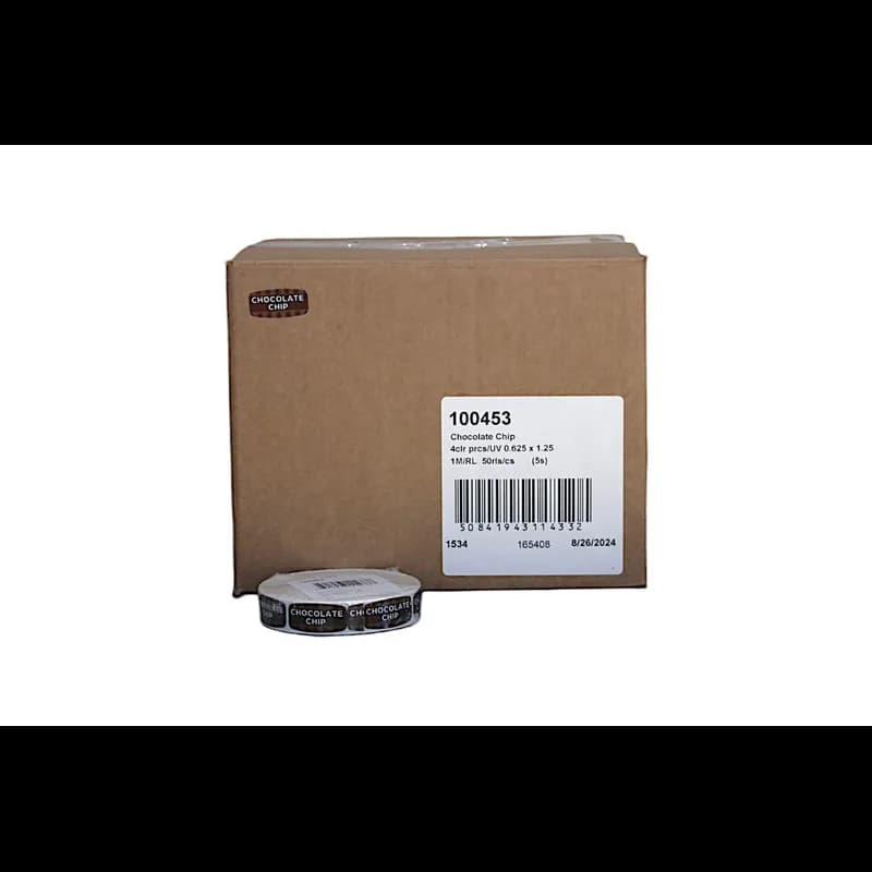 Chocolate Chip Bakery Flavor Label 0.625X1.25 IN Brown Oval 4 Color Process UV 1000 Count/Roll 50 Rolls/Case