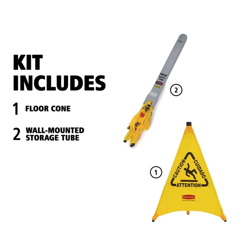 Wet Floor Sign Caution Sign 21X20 IN Yellow Multilingual Pop-Up Cone 3-Sided 1/Each