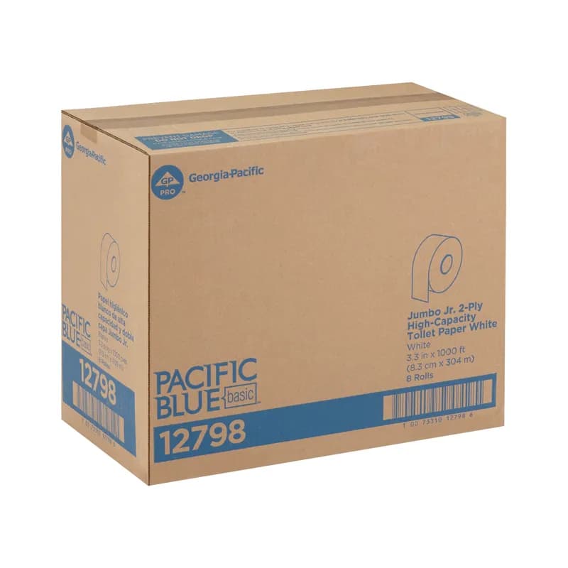 Pacific Blue Basic Toilet Paper & Tissue Roll 3.5IN X1000FT 2PLY White Jumbo (JRT) High Capacity 1000 Sheets/Roll 8 Rolls/Case