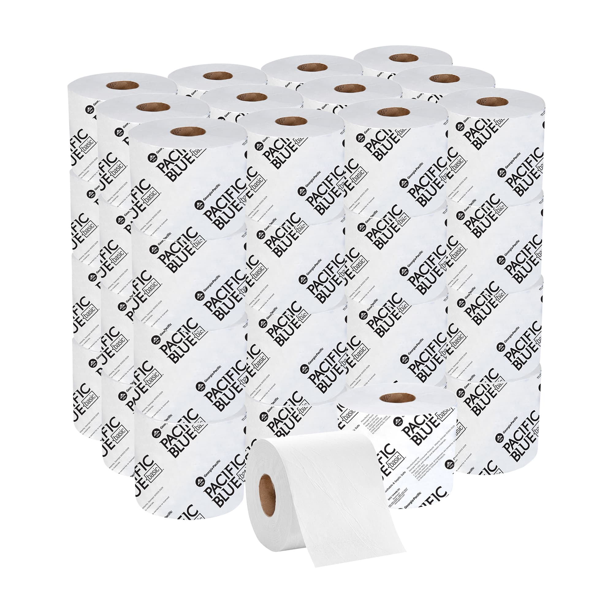 Pacific Blue Basic Toilet Paper & Tissue Roll 4X3.8 IN 1PLY White Standard 1500 Sheets/Roll 48 Rolls/Case