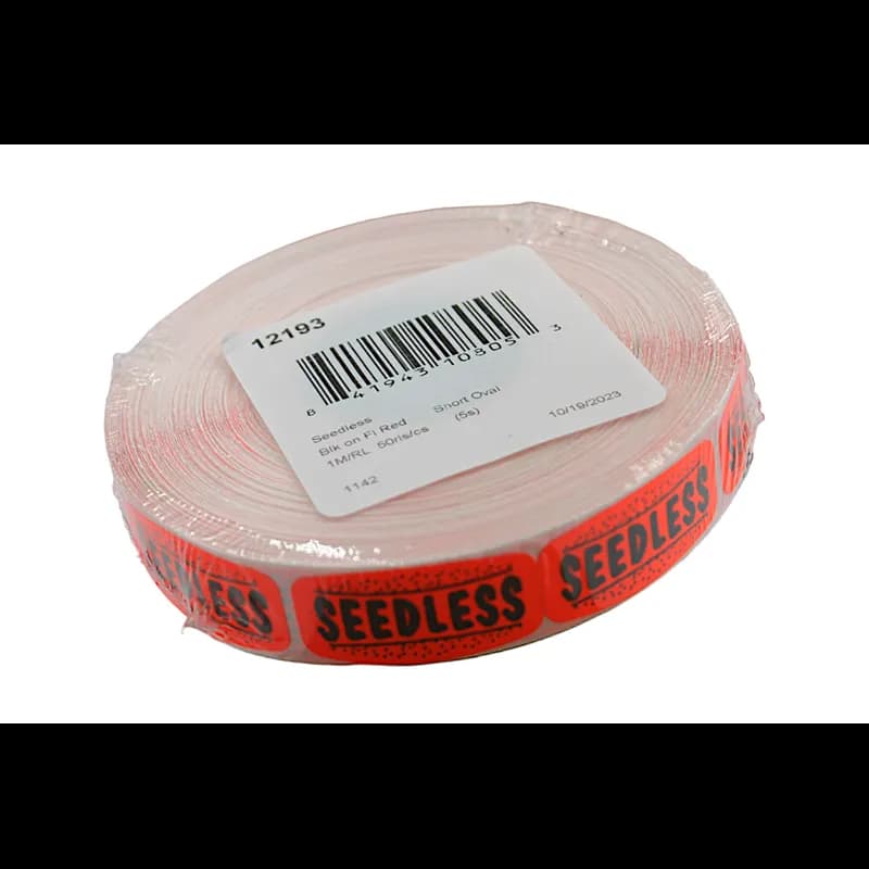 Seedless Label Black Fluorescent Red Short Oval Dayglo Curly 1000 Count/Roll 50 Rolls/Case 50000 Count/Case