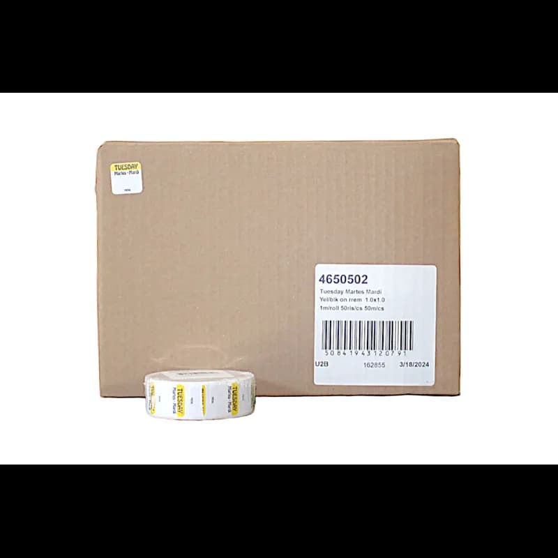 Tuesday DOW Food Safety Label 1X1 IN Yellow Black Square Trilingual Regular Removable 1000 Count/Roll 50 Rolls/Case