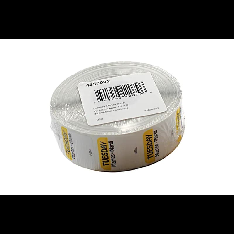 Tuesday DOW Food Safety Label 1X1 IN Yellow Black Square Trilingual Regular Removable 1000 Count/Roll 50 Rolls/Case