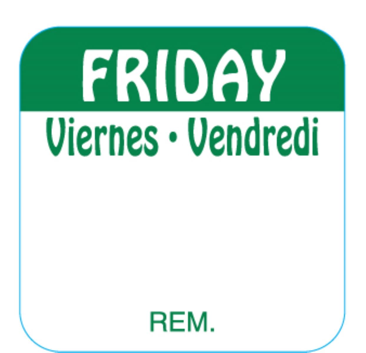 Friday DOW Food Safety Label 1X1 IN Green Square Trilingual Regular Removable 1000 Count/Roll 50 Rolls/Case