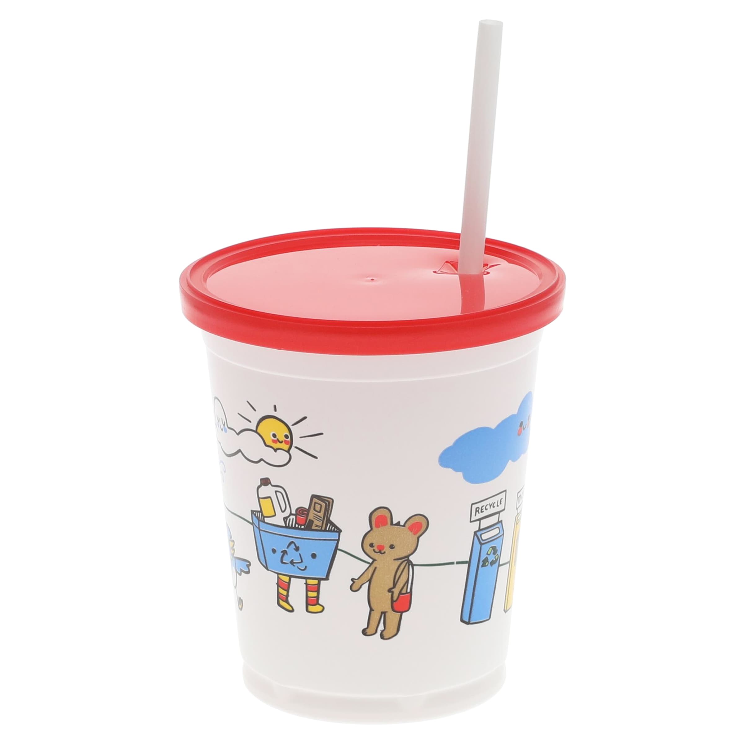 Cold Cup, Lid & Straw Combo Kid With Flat Lid 12 OZ PP Multicolor Recycle Friends With Hole 500/Case
