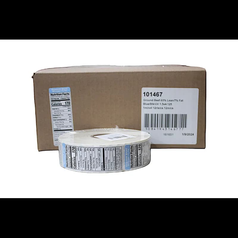Ground Beef 93% Lean/7% Fat Meat Nutritional Label 1.5X4.125 IN Blue Black UV 1000 Count/Roll 12 Rolls/Case