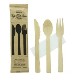 4PC Cutlery Kit 6.7 IN Bamboo Natural With Napkin,Fork,Knife,Spoon 100 Count/Case