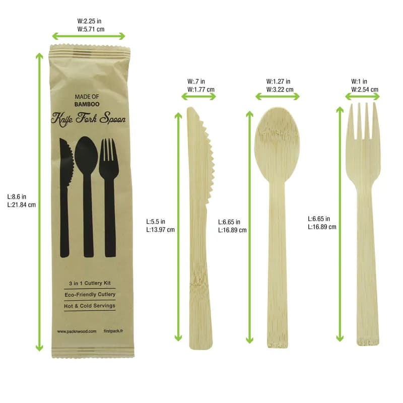 4PC Cutlery Kit 6.7 IN Bamboo Natural With Napkin,Fork,Knife,Spoon 100 Count/Case