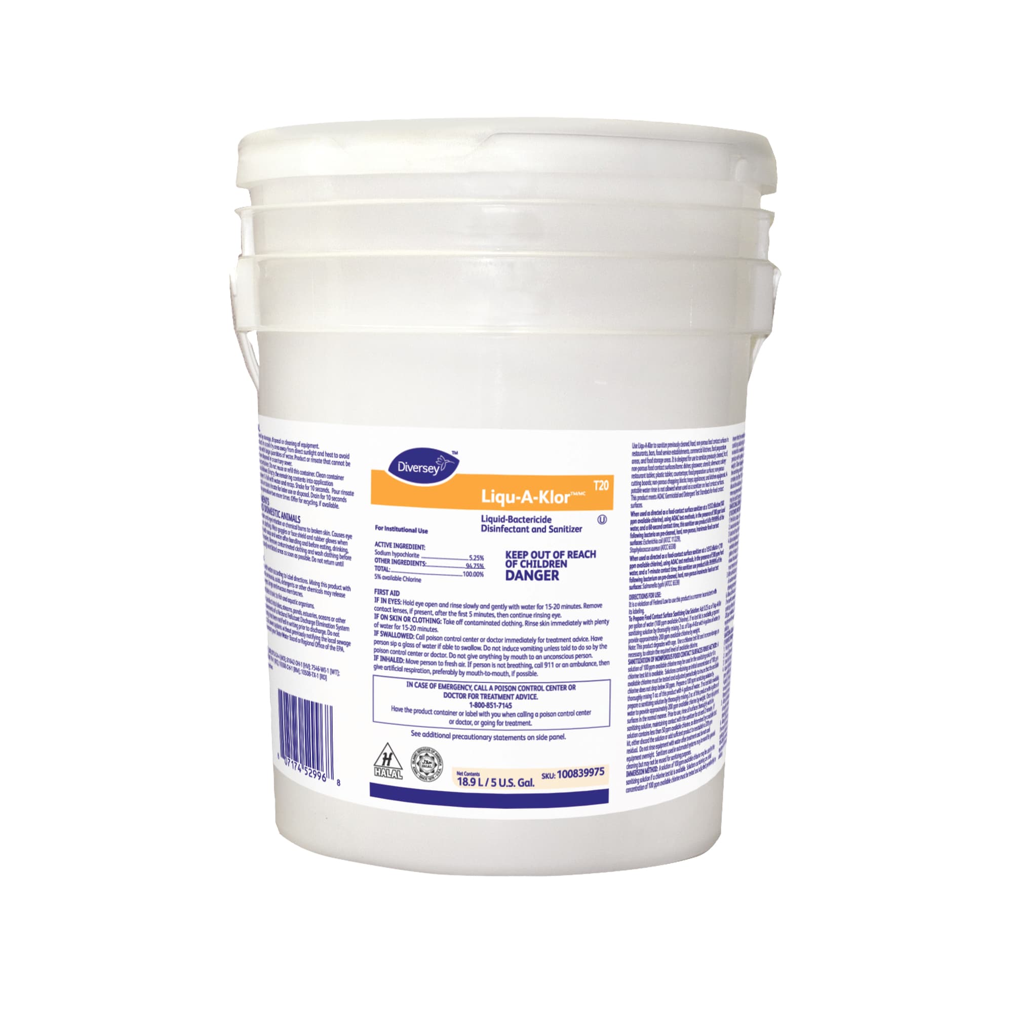 Diversey Liqu-A-Klor Disinfectant Sanitizer 5 GAL Liquid Bactericidal Kosher 1/Pail