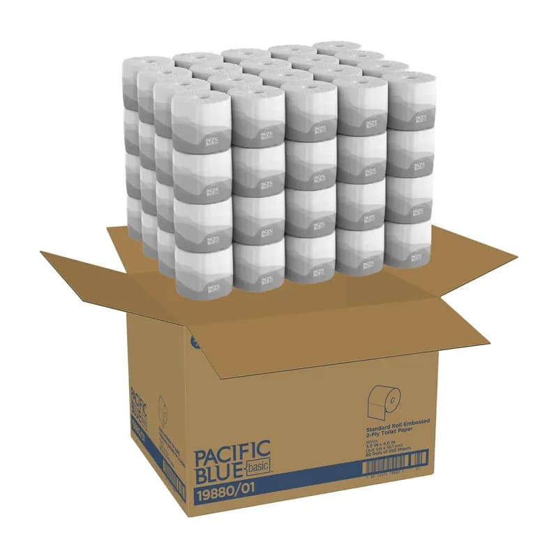 Pacific Blue Basic Toilet Paper & Tissue Roll 4X3.8 IN 2PLY White Embossed Standard EPA Indicator 550 Sheets/Roll
