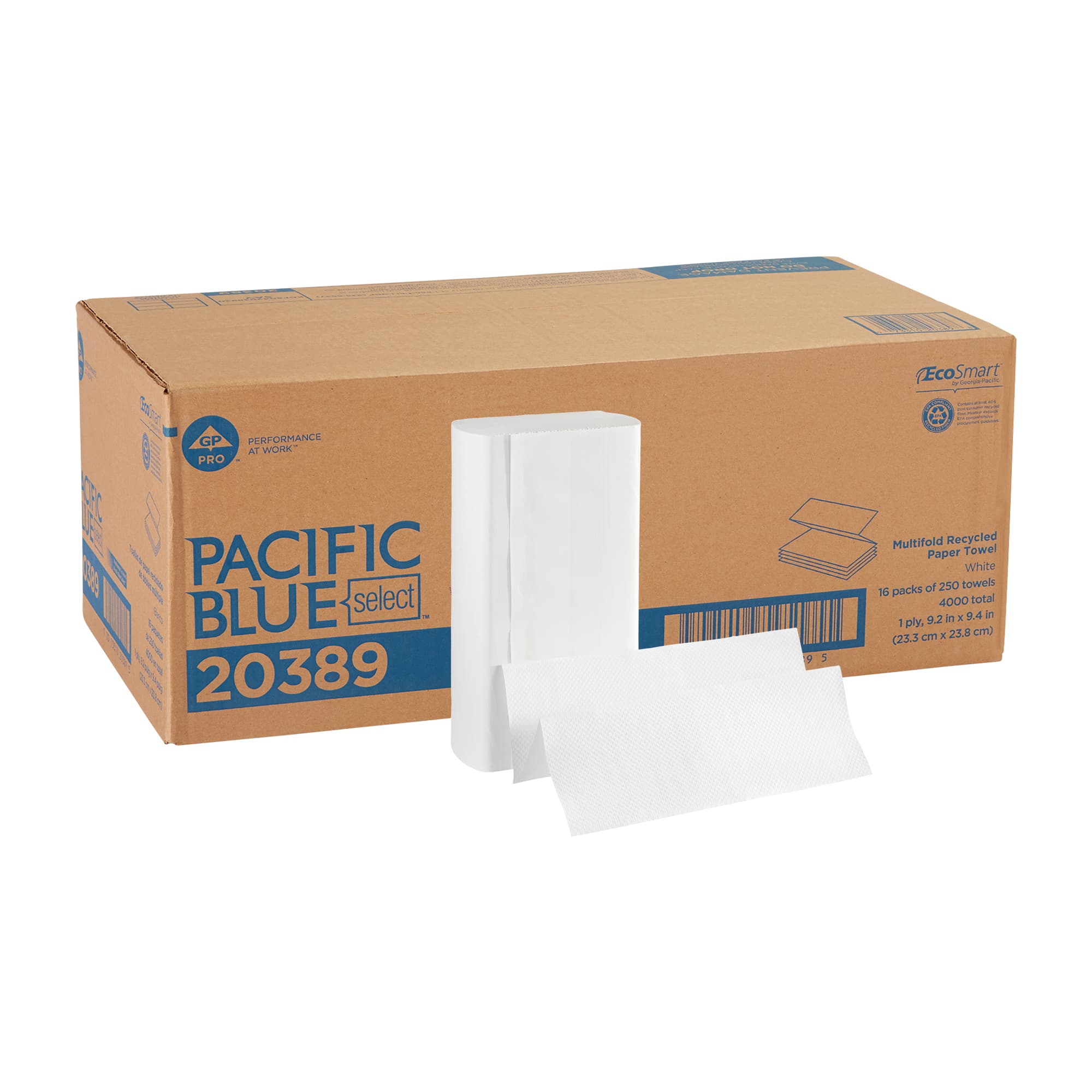 Pacific Blue Select Folded Paper Towel 9.4X9.2 IN 1PLY White 1/2 Fold 250 Sheets/Pack 16 Packs/Case 4000 Sheets/Case
