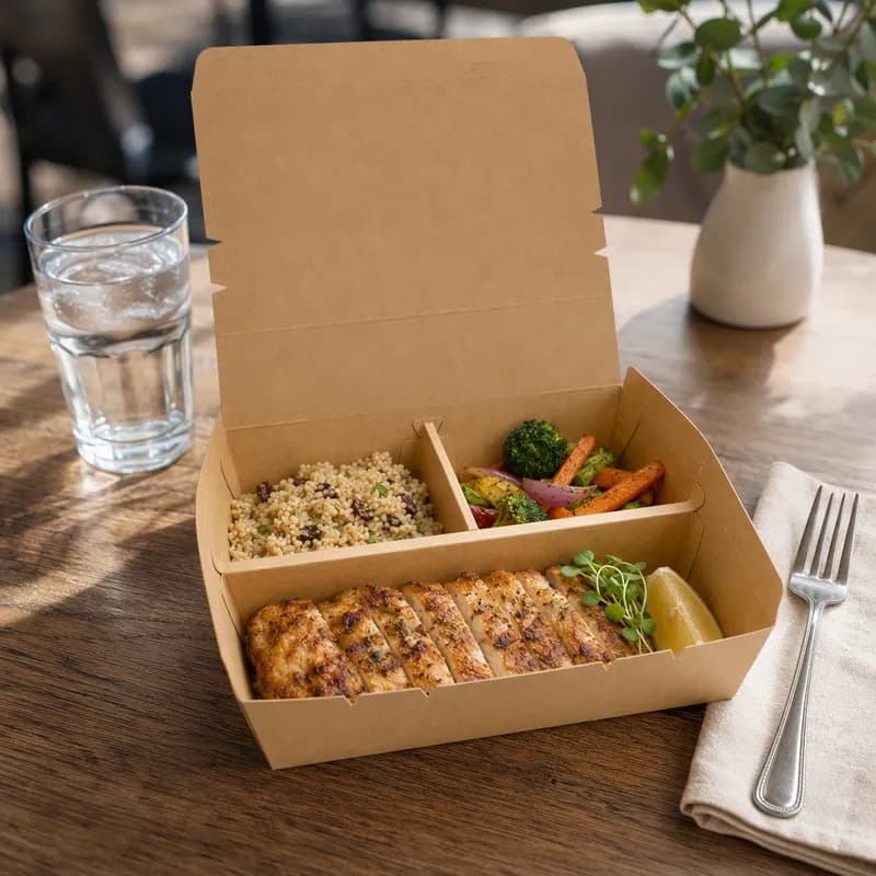 Bento Box With Flat Lid 9X11 IN 3 Compartment Paper Wood Rectangle 150/Case