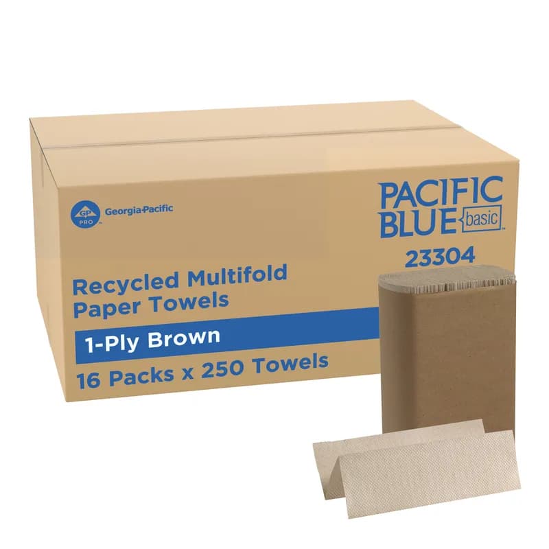 Pacific Blue Basic Folded Paper Towel 9.4X9.2 IN 1PLY Kraft 1/2 Fold 250 Sheets/Pack 16 Packs/Case 4000 Sheets/Case