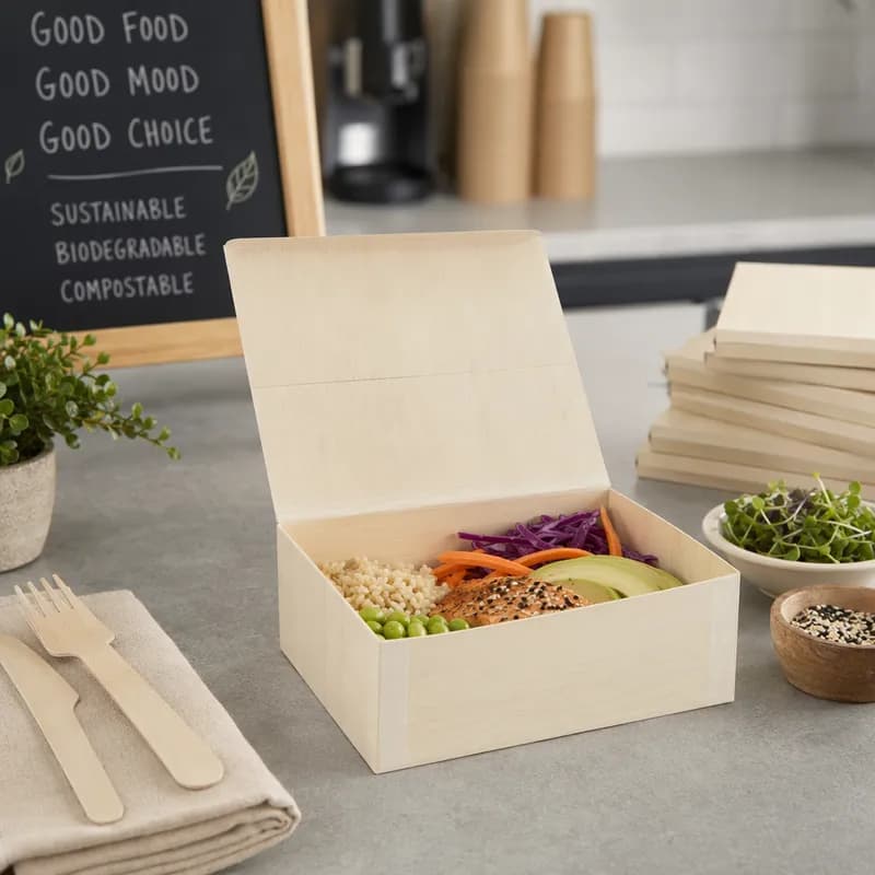 Take-Out Box Hinged With Flat Lid Medium (MED) 6X8X3 IN Rice Paper Wood Natural Rectangle 100/Case