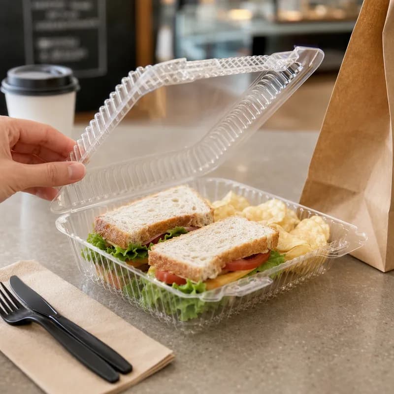 Essentials Take-Out Container Hinged With Dome Lid 8.4375X7.9375X2.4375 IN RPET Clear Rectangle 200/Case