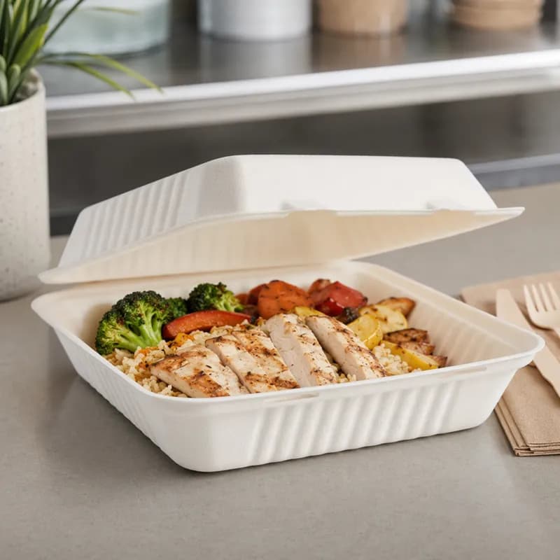 Take-Out Container Hinged With Dome Lid 9X9 IN Pulp Fiber Square 200/Case