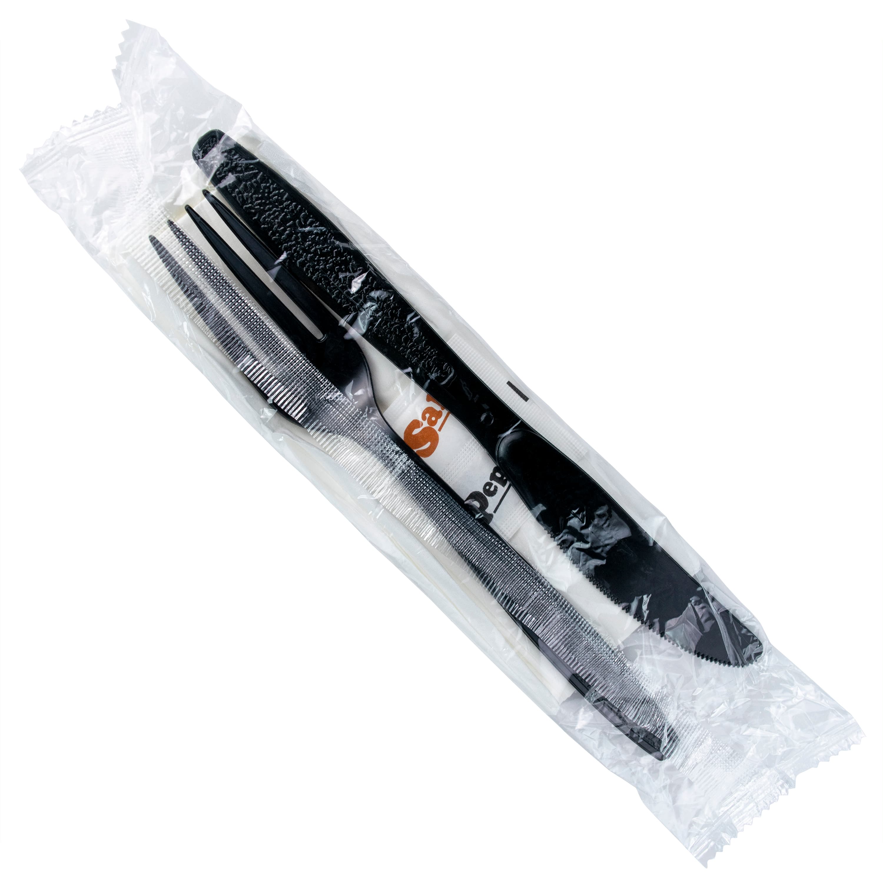 5PC Cutlery Kit PS Black Heavy Duty With 2PLY 13X17 Napkin,Fork,Knife,Salt & Pepper 500/Case