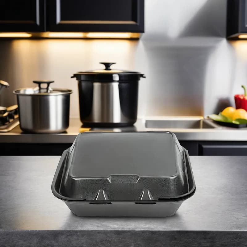 Snap-it Take-Out Container Hinged With Dome Lid 8X8X3 IN 3 Compartment Polystyrene Foam Black Square 200/Case